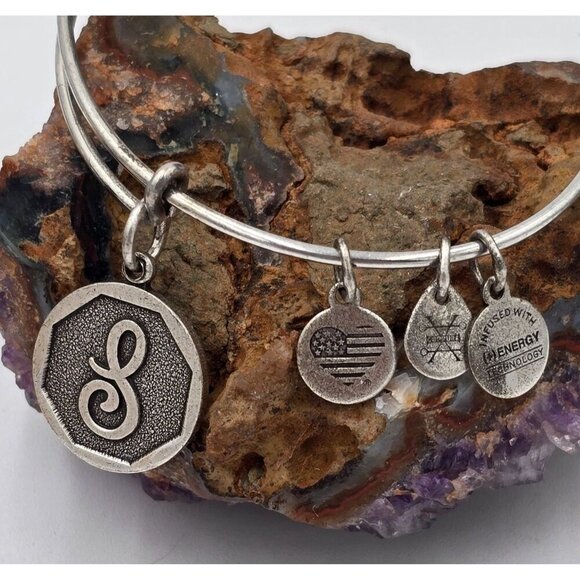 Alex and Ani Silver Tone Initial S Charm Bangle Bracelet Designer Jewelry - Picture 2 of 4